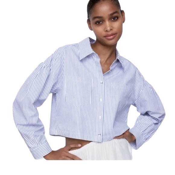 Zara Cropped Blue & White Striped Button Front Blouse - Picture 2 of 10